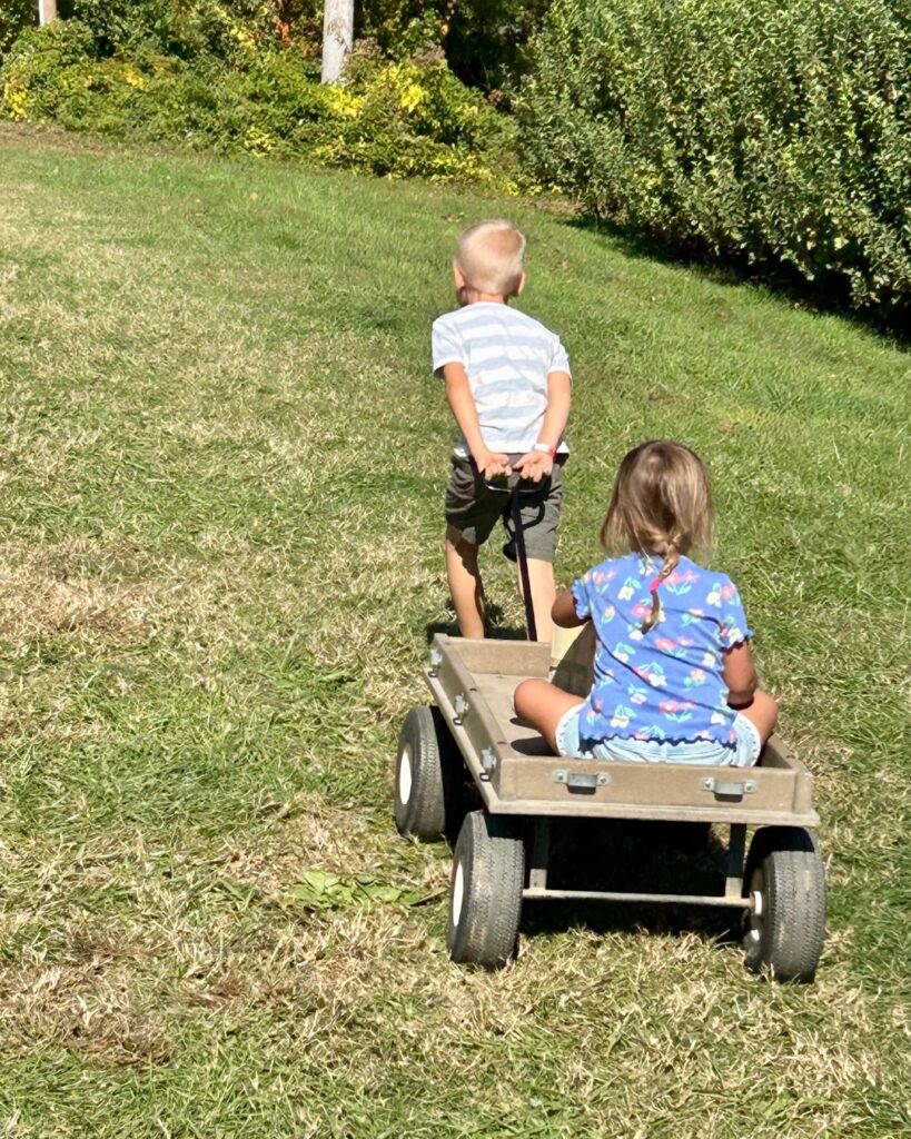 Pulling the wagon to pick apples at Stepps Orchard in Saluda, NC