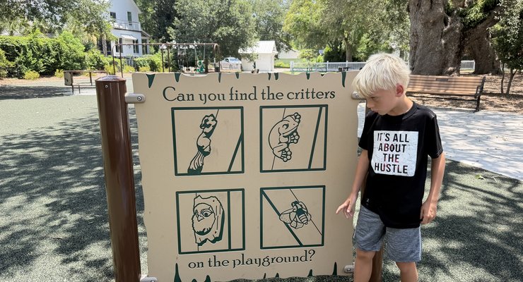 There's an animal scavenger hunt built right into the playground equipment — kids love hunting for all the hidden figures.