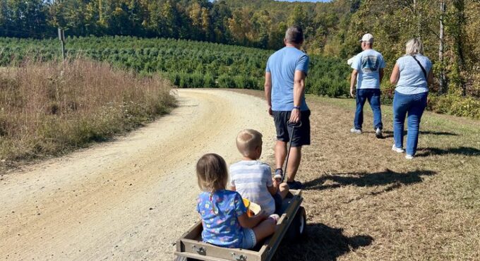 A family wagon ride through apple orchards in Hendersonville, NC in the fall