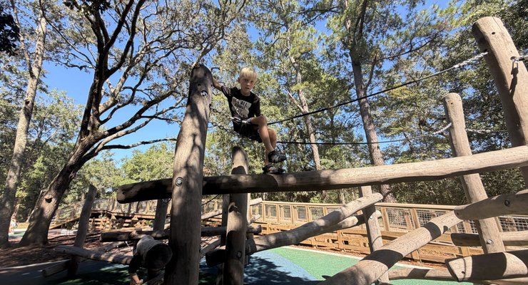 Boy climbing the log and rope climbing structure at Old Towne Creek County Park playground