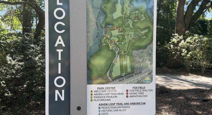 Park location map sign at Old Towne Creek County Park showing the welcome center, playground, Fox Field Shelter and dock