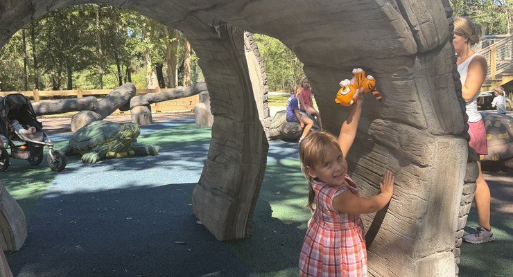 Child exploring a stone arch on the playground at Old Towne Creek County Park