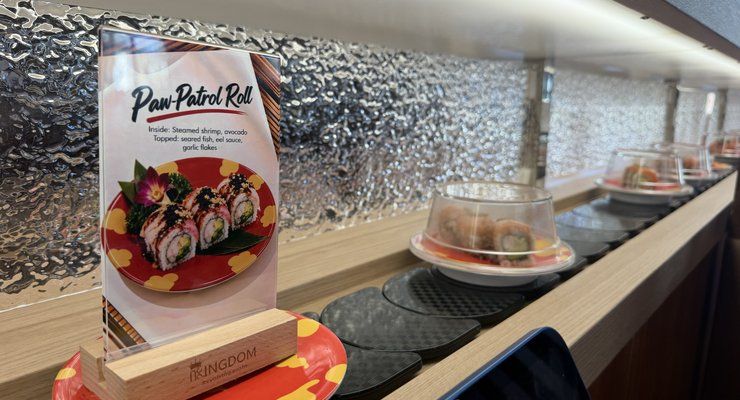 Paw Patrol Roll menu card on the conveyor belt at Revolving Sushi Kingdom