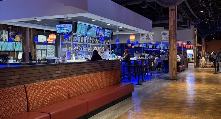 Full bar and booth seating inside Stars and Strikes in Summerville, SC
